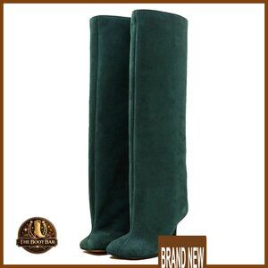 Knee High Suede Boots Wide Calf Square Toe Stiletto Heels Pull On Chic